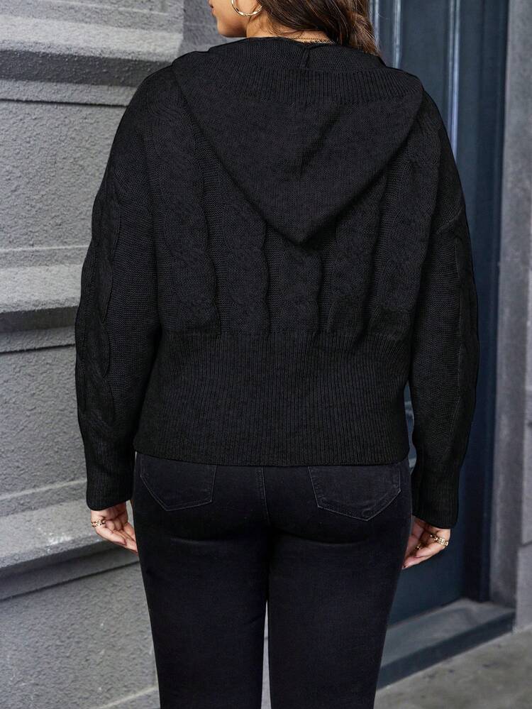 Plus Cable Knit Drop Shoulder Hooded Sweater Knit Pullover Fall Winter Sweater
