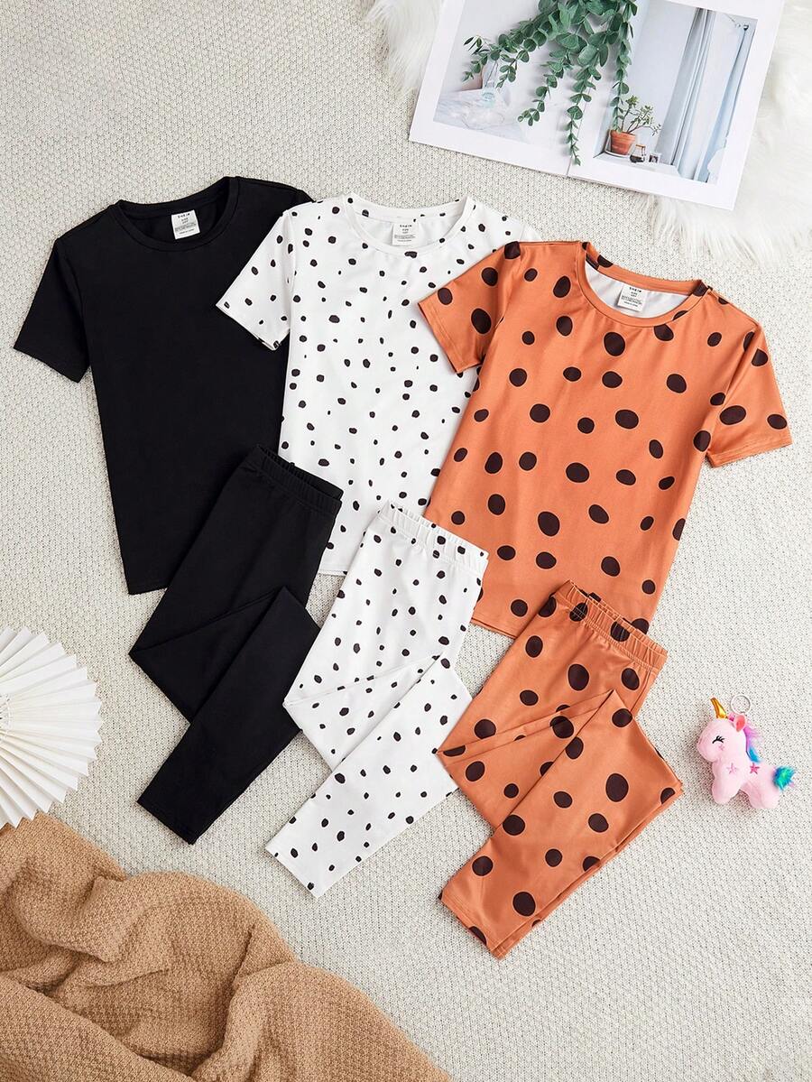 SHEIN 3入組適合青少年女孩的針織純色波點圓領上衣和緊身褲家居服套裝 - 彩色 - 查看 1