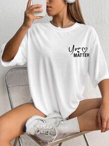 INAWLY Women's Heart & Slogan Print Drop Shoulder T-Shirt TO THE PERSON BEHIND ME YOU ARE AMAZING, BEAUTIFUL AND ENOUGH Remember That - White - View 2