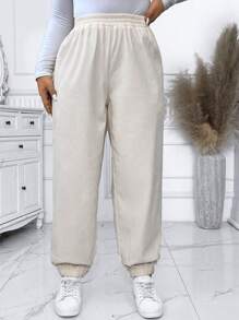 Calvaya Plus Size Solid Color Elastic Waist Ankle-length Pants - Apricot - View 1