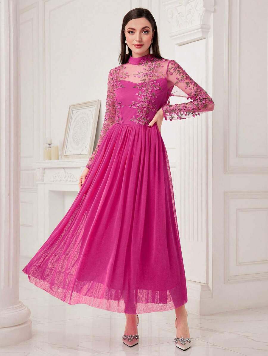 Modelyn Của phụ nữ Lưới thêu Đầm - Màu Hồng Tươi - Xem 1