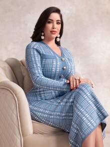 Modelyn 千鸟格纹修身长袖毛衣连衣裙 - 藍白色 - 查看 4