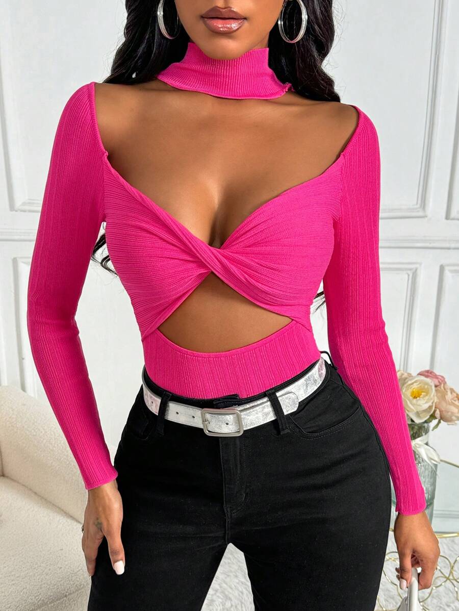 Zolique Women's Solid Color Twisted & Hollow Knitted Sweater  Fall Winter Outfit - Hot Pink - View 1
