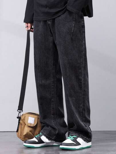 Jeans rectos con bolsillo sesgado para hombres, estilo grunge