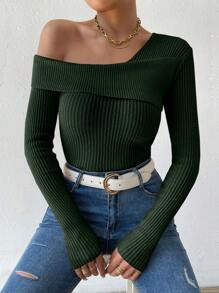 SHEIN Essnce Màu thuần Bất đối xứng Đường viền cổ áo Áo len - xanh quân đội - Xem 1