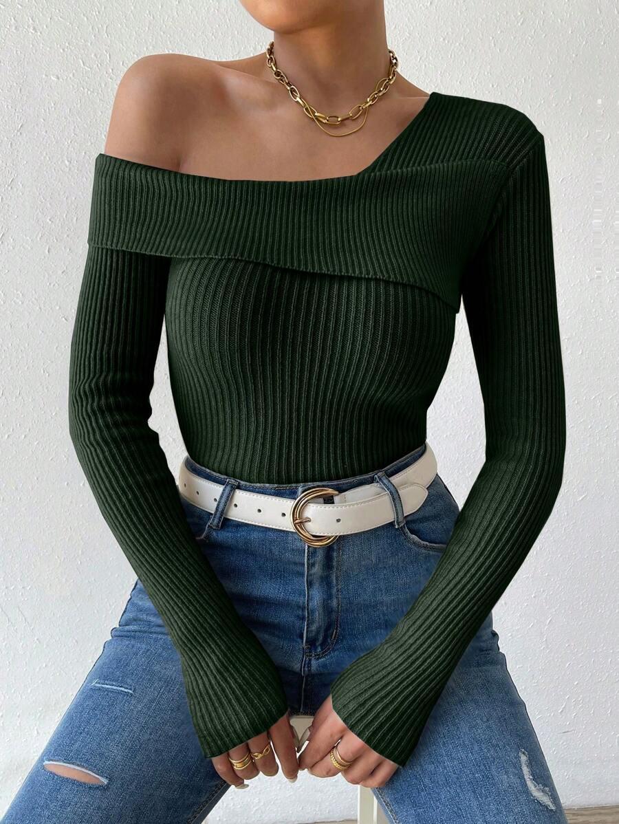 SHEIN Essnce Màu thuần Bất đối xứng Đường viền cổ áo Áo len - xanh quân đội - Xem 1