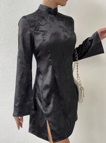 Chiquease 女士錦繡立領喇叭袖旗袍連衣裙 - 黑色 - 查看 7