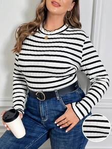 SHEIN LUNE Của phụ nữ Kích thước lớn Sọc Áo thun - Đen và trắng - Xem 2