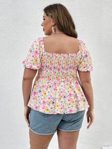 SHEIN VCAY Plus Size Women's Sweetheart Neckline Floral Printed Shirt - Multicolor - View 2