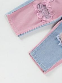 Dziecko Dziewczyny Słodki & Zimny Godny podziwu Dopamina Kontrastowa strona Kolor Spodnie jeansowe Z Patchwork , Podarte Projekt