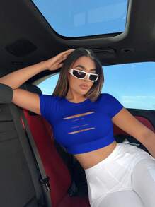 SHEIN SXY 女用鏤空短袖t卹 - 寶藍色 - 查看 1