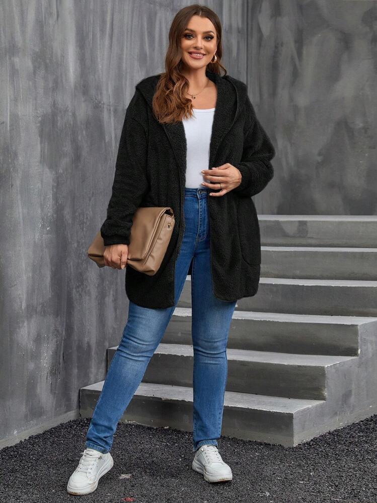 SHEIN LUNE Plus Size Autumn And Winter Super Thickened Double Fleece Warm Jacket Women's Fall Women Geometric Pattern Reversible Hooded Fleece Jacket With Pockets - Black - View 3