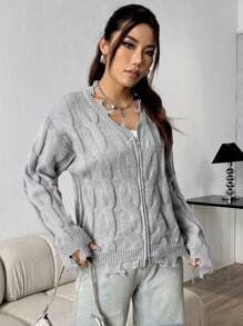Flirla Damski Jednolity Oversized Zamek z przodu Rozpinane Swetry Z Opuszczane ramiona
