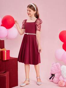 青少年女孩方领网眼撞色泡泡袖连衣裙，带小摆下摆（兄弟姐妹装搭配服装 - 2 件单独出售） - 紅色 - 查看 5