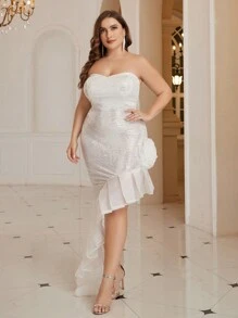 SHEIN Belle Vestido De Talla Grande Para Mujer Sin Tirantes Con Lentejuelas Brillantes, Con Dobladillo Con Volantes Y Flores En 3d, Adecuado Para Fiestas De Noche - Azul Marino - Ver 1