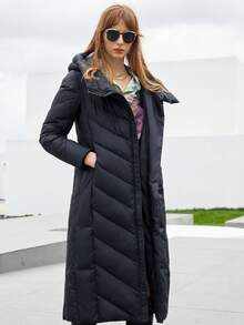 Women's Long Hooded Padded Coat With Belt - Black - View 6