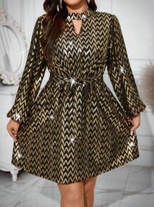 Calvaya Vestido De Mujer De Talla Grande Con Manga Farol Y Estampado Metalizado Dorado - Negro - Ver 1