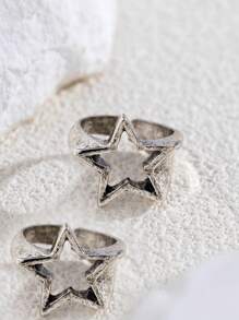 ROMWE Goth 2pcs Chic & Punk Hollow Out Star Ring Set - Antique Silver - View 2