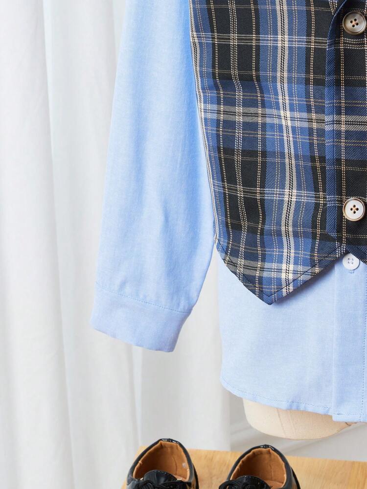 Boys' Elegant 2 In 1 Plaid Shirt And Pants Gentleman Suit, 2pcs/Set