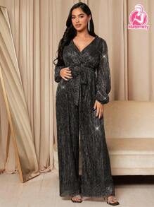 SHEIN Maternity Surplice Neck Lantern Sleeve Belted Sequin Wide Leg Jumpsuit - Black - View 6