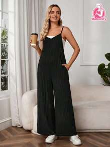 SHEIN Maternity Slant Pocket Wide Leg Pinafore Jumpsuit Without Tube Top - Black - View 8