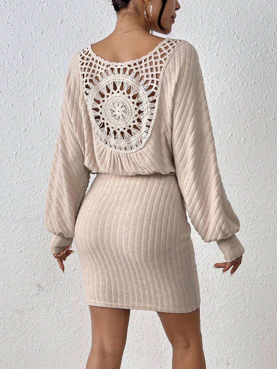 SHEIN Frenchy Crochet Patchwork Lantern Sleeve Dress Winter Casual - Apricot - View 1