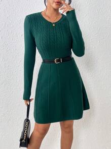 SHEIN Essnce Women's Solid Color Knitted Sweater Dress - Dark Green - View 1
