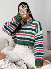 SHEIN Qutie 條紋休閒寬鬆套頭毛衣 - 綠色 - 查看 4