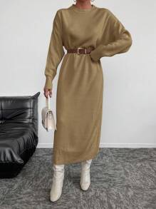 EURMUSE Round Neck Drop Shoulder Sleeve Sweater Dress Without Belt - Camel - View 4