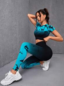 Easithlete 女士渐变无缝高弹运动服套装女士紧身裤套装健身女士套装 - 彩色 - 查看 4