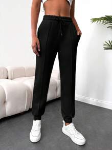 RueChic Drawstring Waist Slant Pocket Sweatpants - Black - View 4