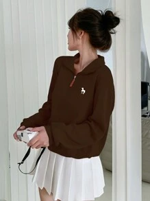 DAZY Của phụ nữ Nửa Zip Kỳ lân In Áo nỉ Với Hood - màu nâu - Xem 1