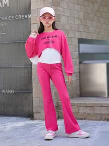 Tween Girls Loose Casual Round Neck Letter Pattern Cropped Sweatshirt Cami Top Trousers Three-Piece Set - Multicolor - View 4