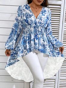 SHEIN Clasi 大碼印花燈籠袖高低下擺襯衫 - 藍白色 - 查看 4