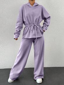 Drop Shoulder Drawstring Waist Hoodie & Drawstring Waist Pants - Lilac Purple - View 4