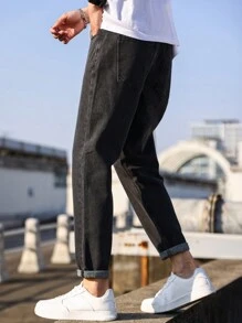 Manfinity Homme Jeans casuales entallados para hombre con bolsillos en diagonal, jeans negros lisos y ajustados, jeans cargo negros lisos lavados, regalos para esposo y novio