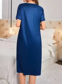 Vestido largo para pijama, estampado con diseño de oso de dibujos animados, ropa de dormir para mujer - Azul Marino - Ver 5