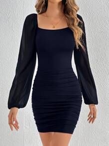 SHEIN Tall Contrast Mesh Lantern Sleeve Ruched Side Bodycon Dress - Navy Blue - View 4