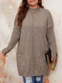 EMERY ROSE Kích thước lớn Của phụ nữ Đứng cổ áo Sọc Dài Áo len - Màu Khaki - Xem 1