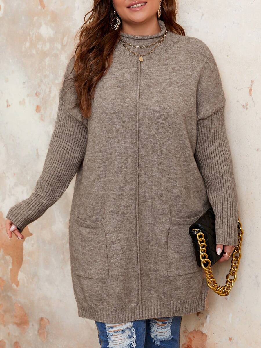 EMERY ROSE Kích thước lớn Của phụ nữ Đứng cổ áo Sọc Dài Áo len - Màu Khaki - Xem 1