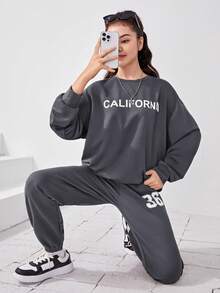 SHEIN Teen Girls' Knitted Solid Color Letter Pattern Sweatshirt And Pants Casual Two Piece Set - Grey - View 4