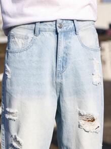 Manfinity Roghcode 男士破洞洗水寬鬆牛仔褲寬鬆長褲Cargo素面淺藍色派對時尚友人