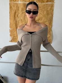 DAZY 女式拉鍊開合掛脖開襟衫 - 卡其色 - 查看 7