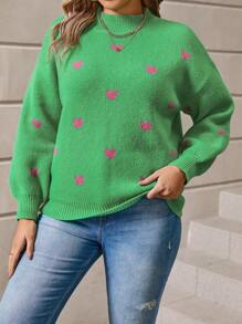 Calvaya Suéter informal de manga larga con cuello alto de punto, diseño de bloque de color y gráfico de corazón, para mujer de talla grande, otoño/invierno
