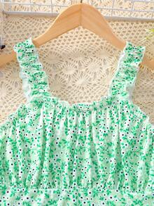 SHEIN Tween Girls' Printed Frill Edge Wide Strap Top