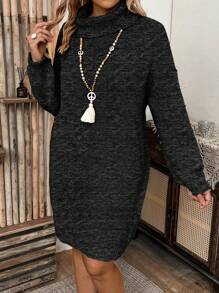 SHEIN LUNE 大碼高領拼色毛衣裙 - 黑色 - 查看 3