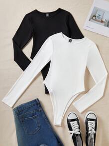 Sweetra 2入組女士純色修身長袖連身衣,圓領設計 - 黑與白 - 查看 1