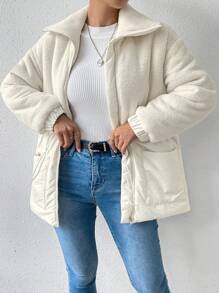 Chiquease Elegant Fur Collar & Cinching Waist Padded Padded Coat Clothes Winter With Patchwork - Apricot - View 5