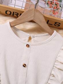 SHEIN Girls' Dress With Vertical Stripes, Flared Sleeves And Ruffle Detail In Apricot Color - Apricot - View 6