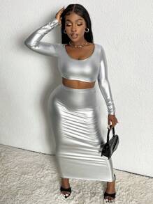 Slaydiva Solid PU Leather Pencil Skirt - Silver - View 5